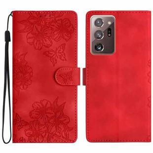 For Samsung Galaxy Note20 Ultra Cherry Blossom Butterfly Skin Feel Embossed PU Phone Case(Red)