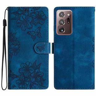 For Samsung Galaxy Note20 Ultra Cherry Blossom Butterfly Skin Feel Embossed PU Phone Case(Blue)