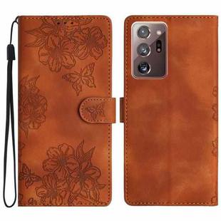 For Samsung Galaxy Note20 Ultra Cherry Blossom Butterfly Skin Feel Embossed PU Phone Case(Brown)