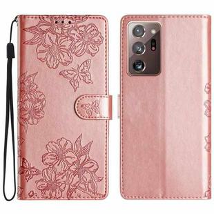 For Samsung Galaxy Note20 Ultra Cherry Blossom Butterfly Skin Feel Embossed PU Phone Case(Rose Gold)