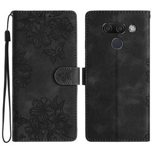 For LG K50 Cherry Blossom Butterfly Skin Feel Embossed PU Phone Case(Black)