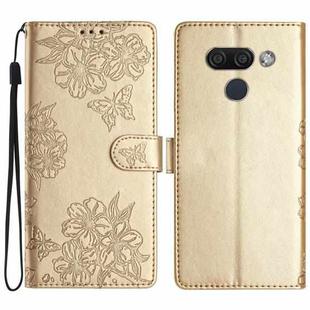 For LG K50 Cherry Blossom Butterfly Skin Feel Embossed PU Phone Case(Gold)