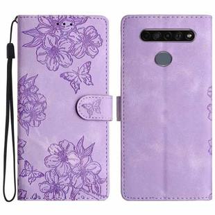 For LG K61 Cherry Blossom Butterfly Skin Feel Embossed PU Phone Case(Purple)