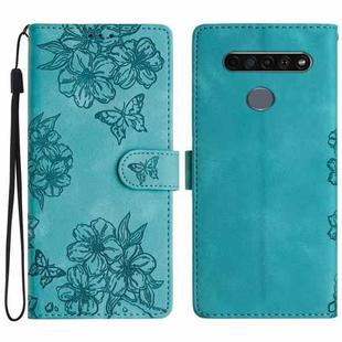 For LG K61 Cherry Blossom Butterfly Skin Feel Embossed PU Phone Case(Green)
