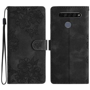 For LG K61 Cherry Blossom Butterfly Skin Feel Embossed PU Phone Case(Black)