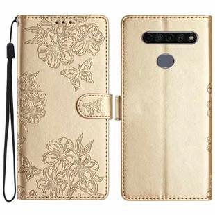 For LG K61 Cherry Blossom Butterfly Skin Feel Embossed PU Phone Case(Gold)