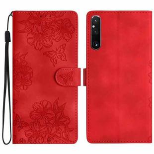 For Sony Xperia 1 V Cherry Blossom Butterfly Skin Feel Embossed PU Phone Case(Red)