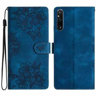 For Sony Xperia 1 V Cherry Blossom Butterfly Skin Feel Embossed PU Phone Case(Blue)