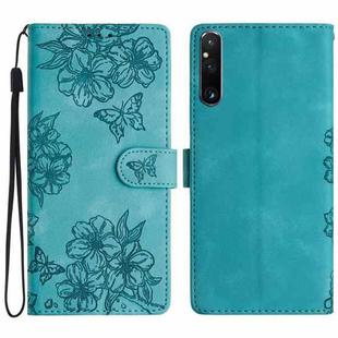 For Sony Xperia 1 V Cherry Blossom Butterfly Skin Feel Embossed PU Phone Case(Green)