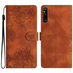 For Sony Xperia 1 V Cherry Blossom Butterfly Skin Feel Embossed PU Phone Case(Brown)