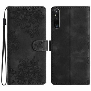 For Sony Xperia 1 V Cherry Blossom Butterfly Skin Feel Embossed PU Phone Case(Black)