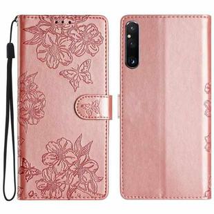 For Sony Xperia 1 V Cherry Blossom Butterfly Skin Feel Embossed PU Phone Case(Rose Gold)
