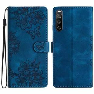 For Sony Xperia 10 V Cherry Blossom Butterfly Skin Feel Embossed PU Phone Case(Blue)