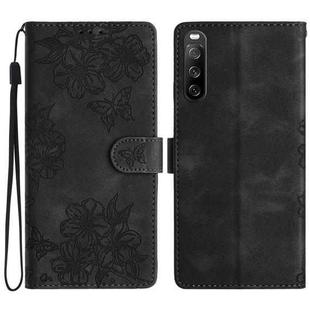 For Sony Xperia 10 V Cherry Blossom Butterfly Skin Feel Embossed PU Phone Case(Black)