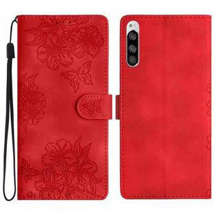 For Sony Xperia 5 Cherry Blossom Butterfly Skin Feel Embossed PU Phone Case(Red)