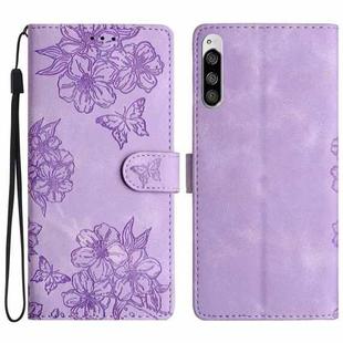 For Sony Xperia 5 Cherry Blossom Butterfly Skin Feel Embossed PU Phone Case(Purple)