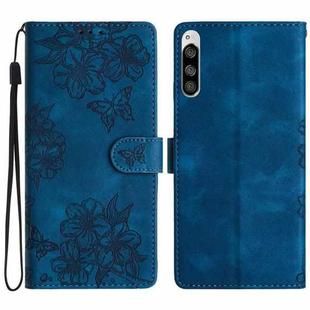 For Sony Xperia 5 Cherry Blossom Butterfly Skin Feel Embossed PU Phone Case(Blue)
