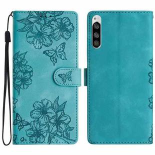 For Sony Xperia 5 Cherry Blossom Butterfly Skin Feel Embossed PU Phone Case(Green)