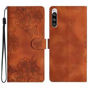 For Sony Xperia 5 Cherry Blossom Butterfly Skin Feel Embossed PU Phone Case(Brown)