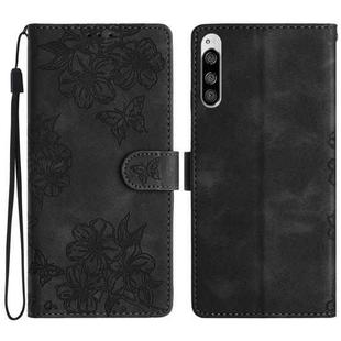 For Sony Xperia 5 Cherry Blossom Butterfly Skin Feel Embossed PU Phone Case(Black)