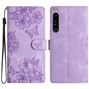 For Sony Xperia 1 IV Cherry Blossom Butterfly Skin Feel Embossed PU Phone Case(Purple)