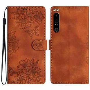 For Sony Xperia 1 IV Cherry Blossom Butterfly Skin Feel Embossed PU Phone Case(Brown)