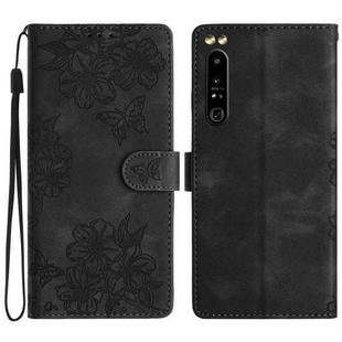 For Sony Xperia 1 IV Cherry Blossom Butterfly Skin Feel Embossed PU Phone Case(Black)