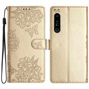 For Sony Xperia 1 IV Cherry Blossom Butterfly Skin Feel Embossed PU Phone Case(Gold)
