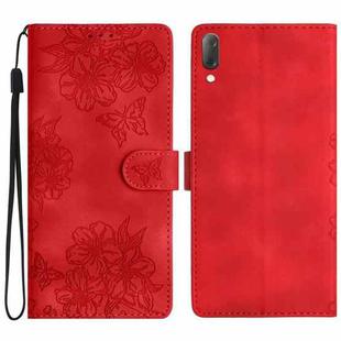 For Sony Xperia L3 Cherry Blossom Butterfly Skin Feel Embossed PU Phone Case(Red)
