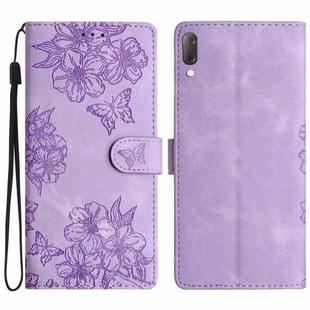 For Sony Xperia L3 Cherry Blossom Butterfly Skin Feel Embossed PU Phone Case(Purple)