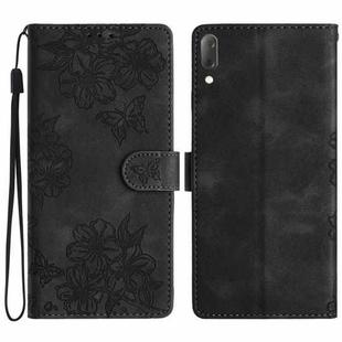 For Sony Xperia L3 Cherry Blossom Butterfly Skin Feel Embossed PU Phone Case(Black)