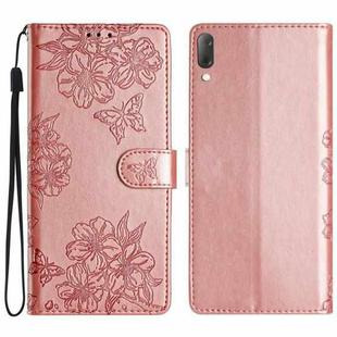 For Sony Xperia L3 Cherry Blossom Butterfly Skin Feel Embossed PU Phone Case(Rose Gold)