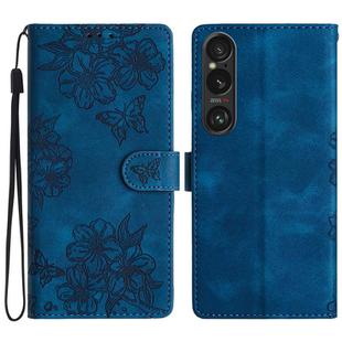 For Sony Xperia 1 VI Cherry Blossom Butterfly Skin Feel Embossed PU Phone Case(Blue)