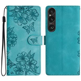 For Sony Xperia 1 VI Cherry Blossom Butterfly Skin Feel Embossed PU Phone Case(Green)