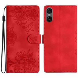 For Sony Xperia 10 VI Cherry Blossom Butterfly Skin Feel Embossed PU Phone Case(Red)