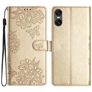 For Sony Xperia 10 VI Cherry Blossom Butterfly Skin Feel Embossed PU Phone Case(Gold)