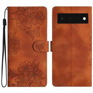 For Google Pixel 6 Cherry Blossom Butterfly Skin Feel Embossed PU Phone Case(Brown)