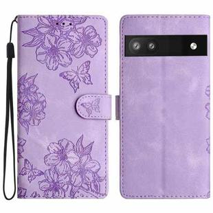 For Google Pixel 6a Cherry Blossom Butterfly Skin Feel Embossed PU Phone Case(Purple)