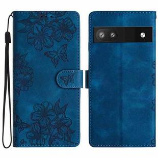 For Google Pixel 6a Cherry Blossom Butterfly Skin Feel Embossed PU Phone Case(Blue)