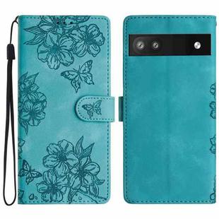 For Google Pixel 6a Cherry Blossom Butterfly Skin Feel Embossed PU Phone Case(Green)