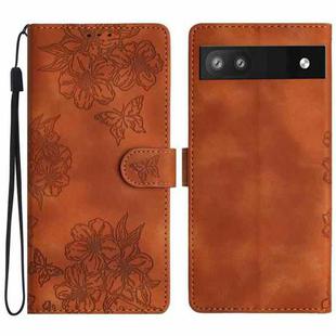 For Google Pixel 6a Cherry Blossom Butterfly Skin Feel Embossed PU Phone Case(Brown)