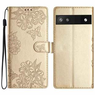 For Google Pixel 6a Cherry Blossom Butterfly Skin Feel Embossed PU Phone Case(Gold)