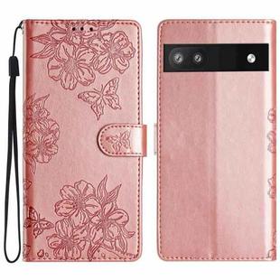 For Google Pixel 6a Cherry Blossom Butterfly Skin Feel Embossed PU Phone Case(Rose Gold)