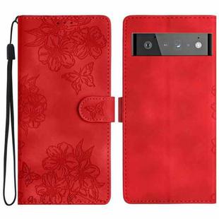 For Google Pixel 6 Pro Cherry Blossom Butterfly Skin Feel Embossed PU Phone Case(Red)