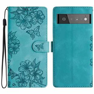 For Google Pixel 6 Pro Cherry Blossom Butterfly Skin Feel Embossed PU Phone Case(Green)