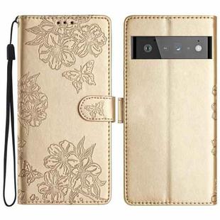 For Google Pixel 6 Pro Cherry Blossom Butterfly Skin Feel Embossed PU Phone Case(Gold)