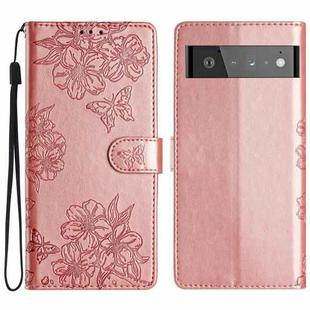 For Google Pixel 6 Pro Cherry Blossom Butterfly Skin Feel Embossed PU Phone Case(Rose Gold)