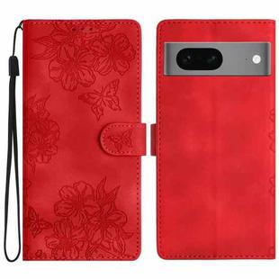 For Google Pixel 7 5G Cherry Blossom Butterfly Skin Feel Embossed PU Phone Case(Red)