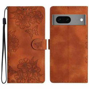 For Google Pixel 7 5G Cherry Blossom Butterfly Skin Feel Embossed PU Phone Case(Brown)