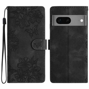 For Google Pixel 7 5G Cherry Blossom Butterfly Skin Feel Embossed PU Phone Case(Black)